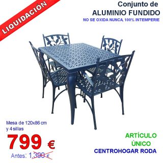 mesa y 4 sillas de aluminio fundido azul para exterior